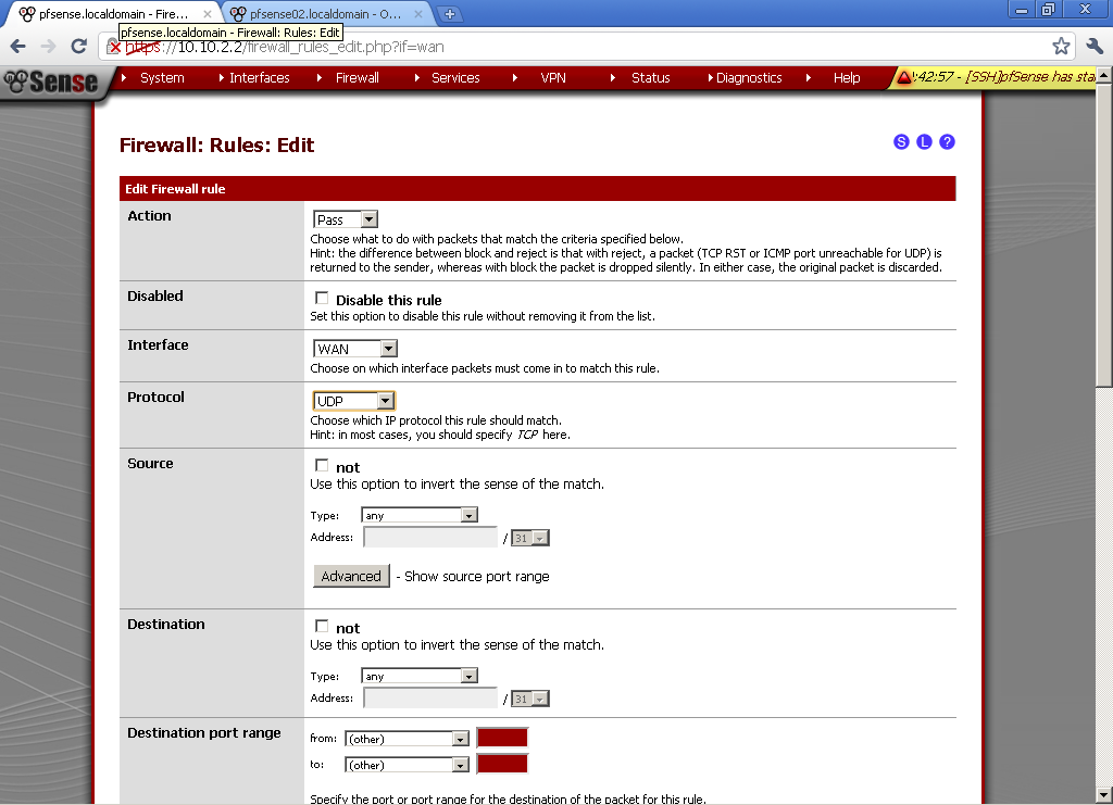 As Destination port Range in our case select OpenVPN.